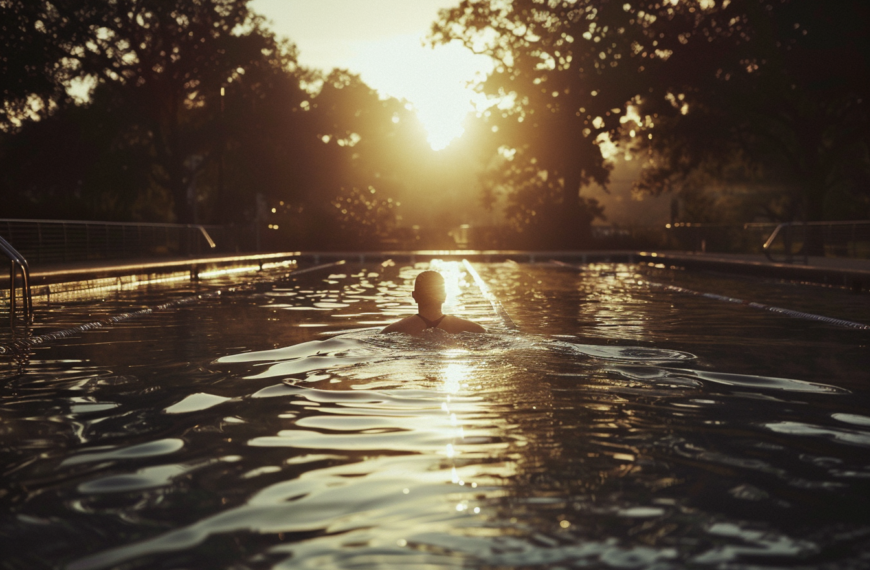 swimmR - We Are Swimming 10 swimming in a pool with the sun rising over the still water