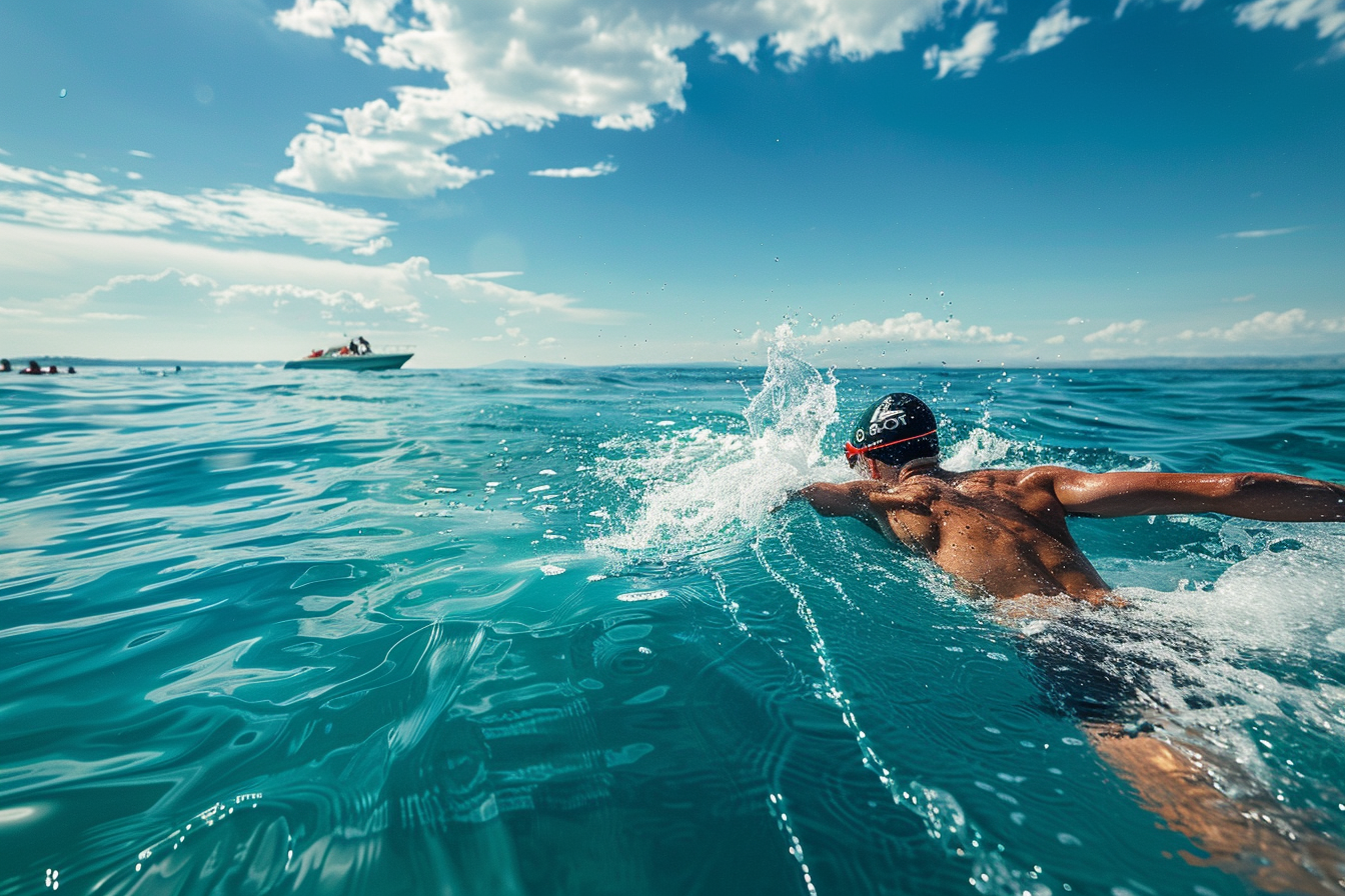 Swimming in the Ocean: A Thrill of Open Water Adventure 2025 1 man swimming in the ocean with a rescue boat in the backround