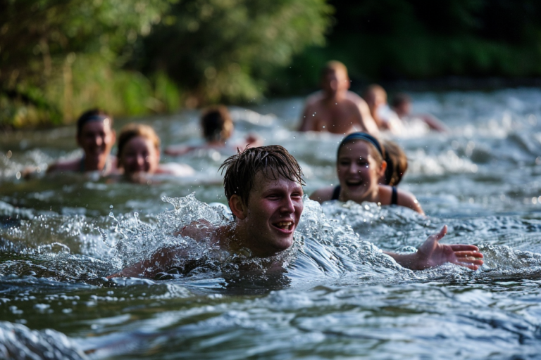friends swimming in the river