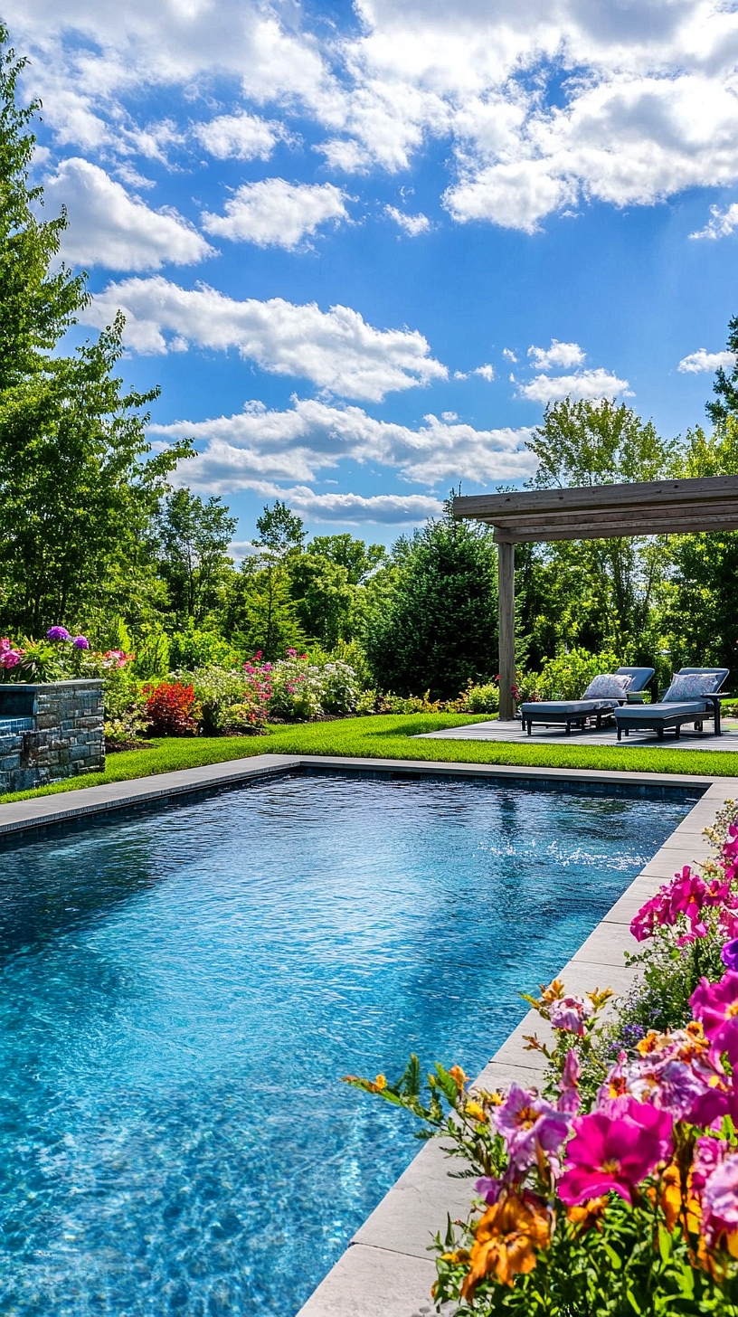 20+ Trendy Above Ground Pool Ideas You Need to Try 2025 20 A clear blue swimming pool surrounded by vibrant flowers and lush greenery, with a pergola housing lounge chairs in the background. The partly cloudy sky with patches of blue serves as a serene backdrop, creating an oasis-like atmosphere in the backyard.