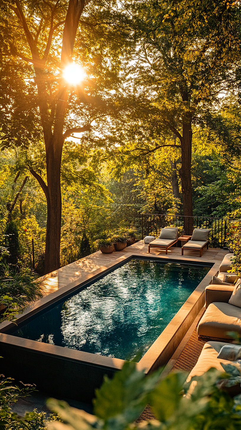 20+ Trendy Above Ground Pool Ideas You Need to Try 2025 19 A serene backyard featuring a rectangular swimming pool surrounded by lush greenery. The sun casts a warm, golden light through the leaves, enhancing the tranquil atmosphere. Two cushioned lounge chairs and a small table are positioned beside the pool, creating an inviting relaxation space.