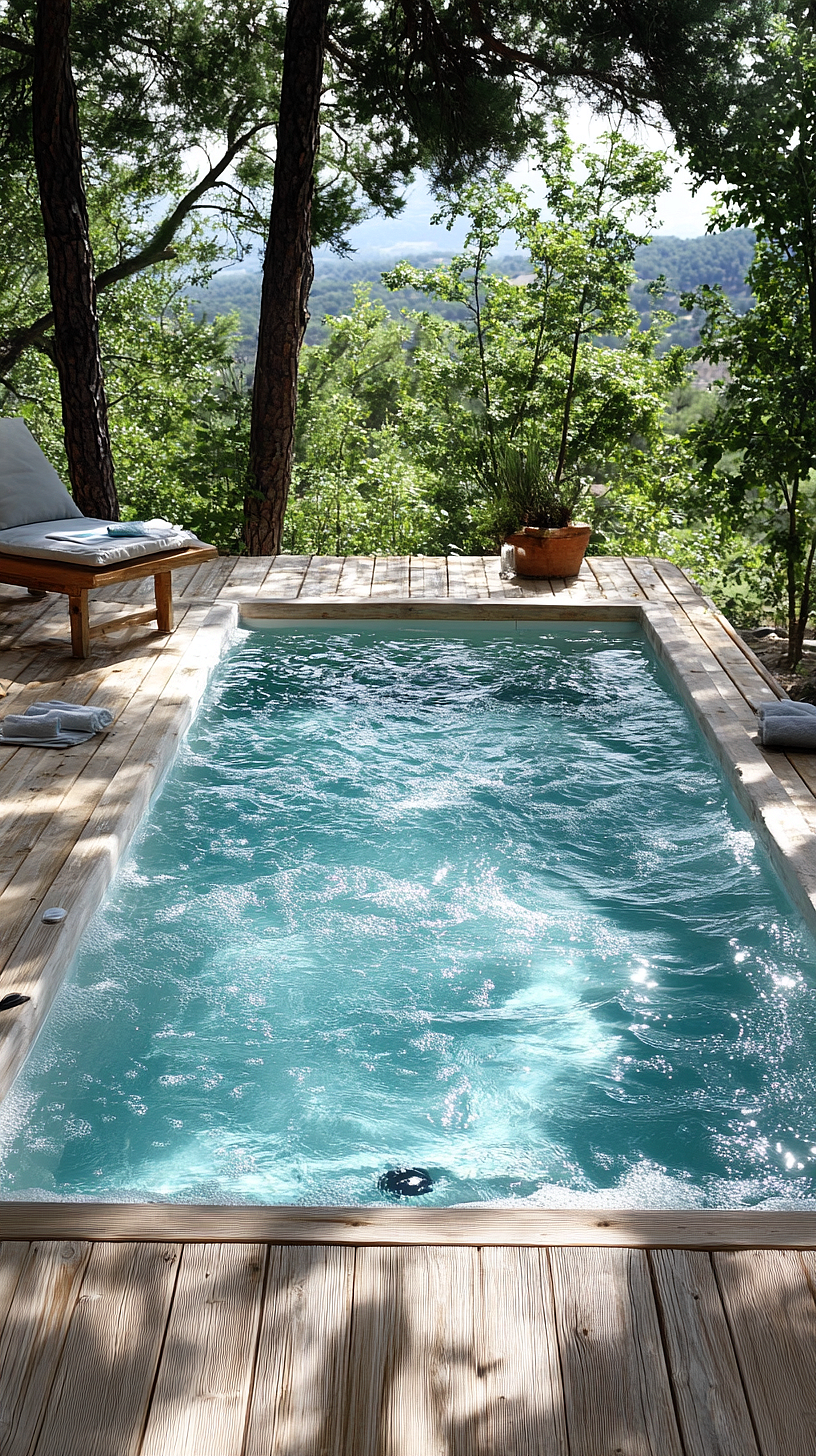 20+ Trendy Above Ground Pool Ideas You Need to Try 2025 18 Small swimming pool or hot tub on a wooden deck surrounded by trees, with a lounge chair, towels, and an outdoor potted plant creating a serene and natural atmosphere.