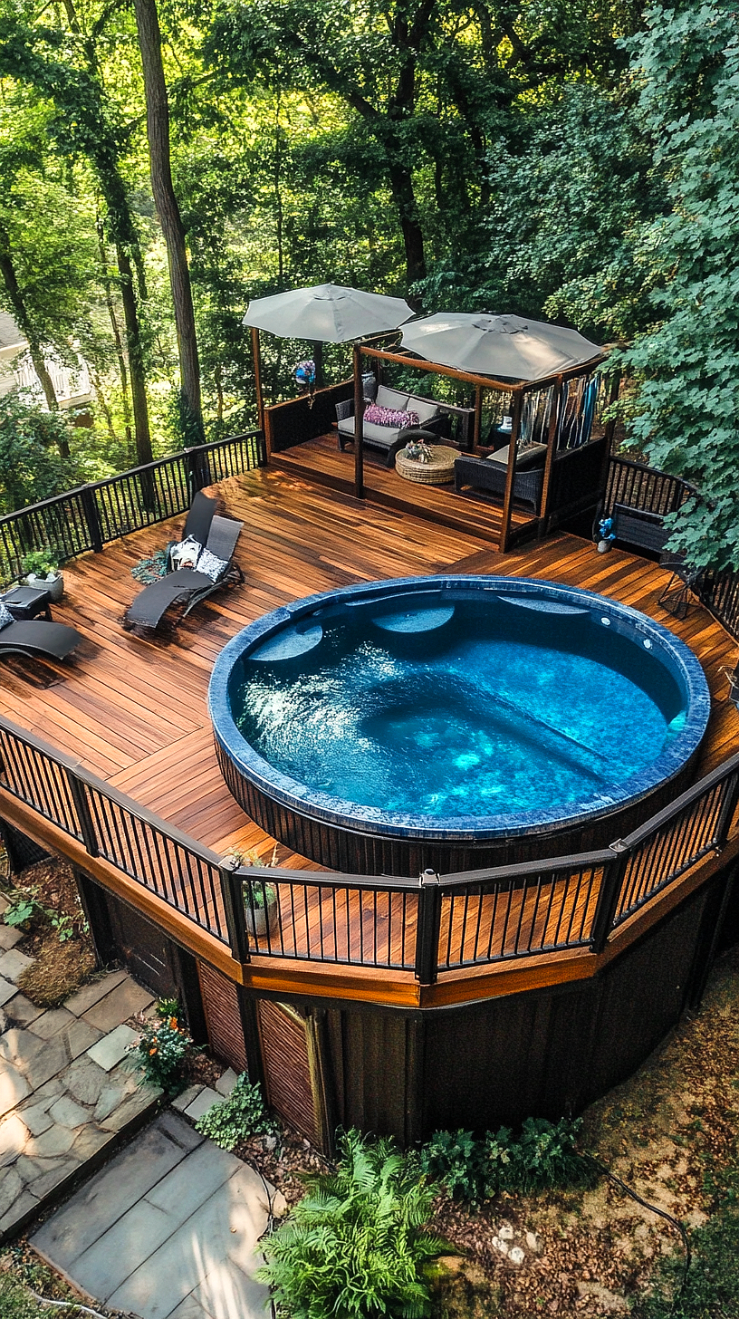 20+ Trendy Above Ground Pool Ideas You Need to Try 2025 17 A serene nature retreat featuring a wooden deck with a round pool amidst a lush green forest. Lounge chairs and shaded seating areas with large umbrellas provide a relaxing atmosphere.