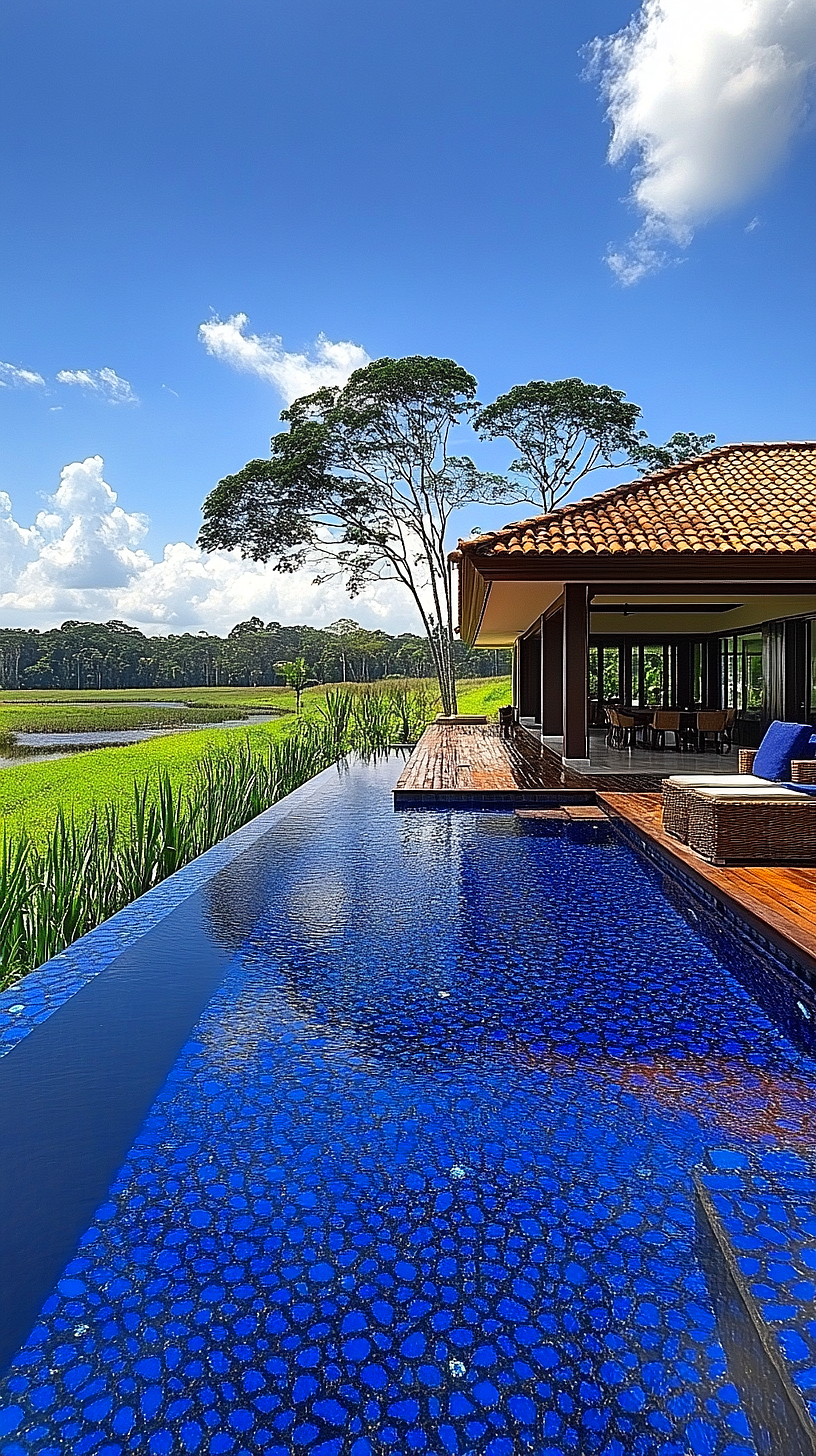20+ Trendy Above Ground Pool Ideas You Need to Try 2025 16 A luxurious infinity pool with blue tiles overlooking a wooden deck, attached to a house with large windows and a tiled roof. The house is set against the backdrop of lush green fields and trees, exuding a sense of tranquility and grandeur.