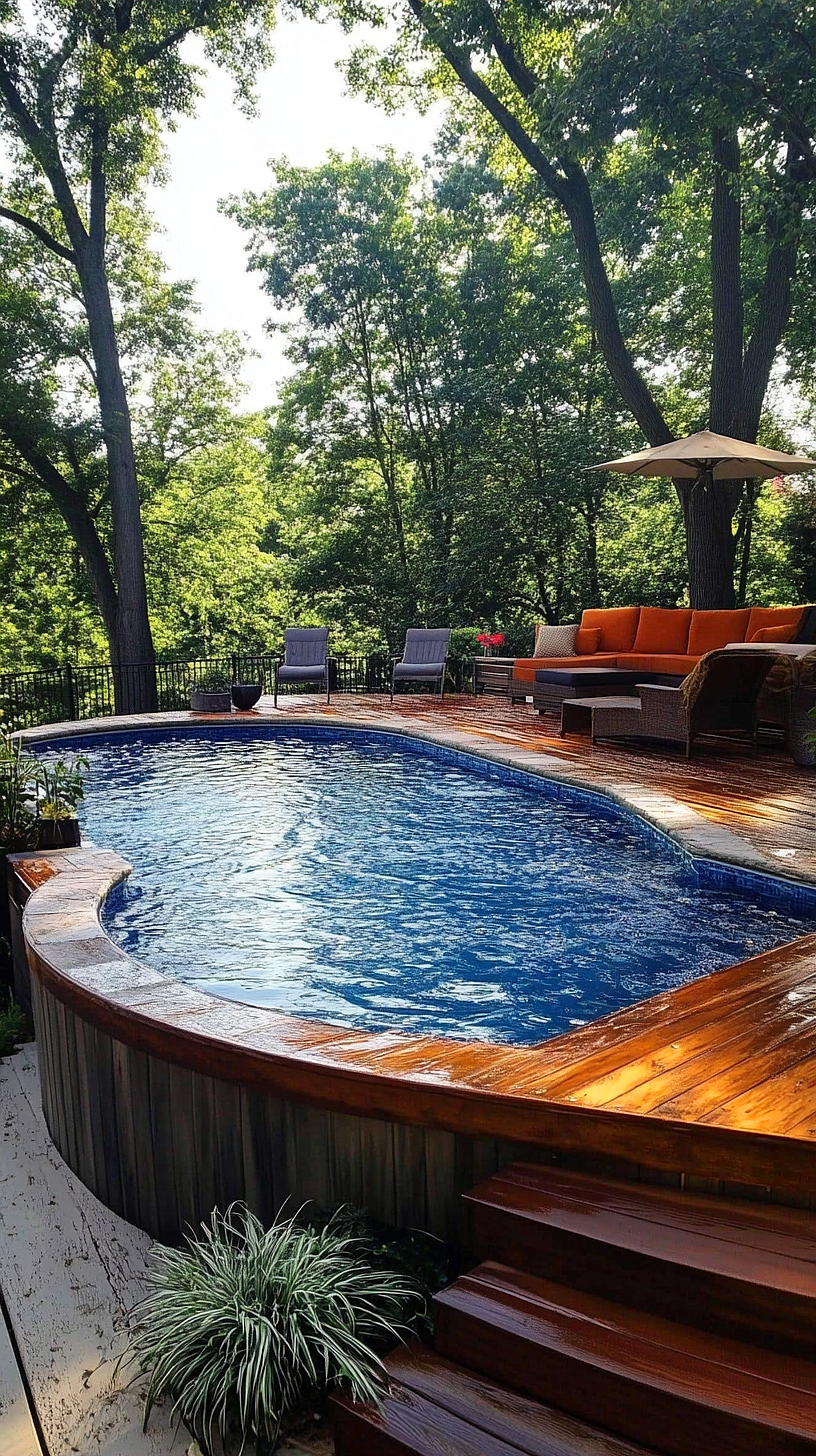 20+ Trendy Above Ground Pool Ideas You Need to Try 2025 14 A wooden deck in a serene, green environment, featuring a dark wicker-style sofa with vibrant orange cushions, surrounded by lush trees, giving a relaxing and earthy feel.