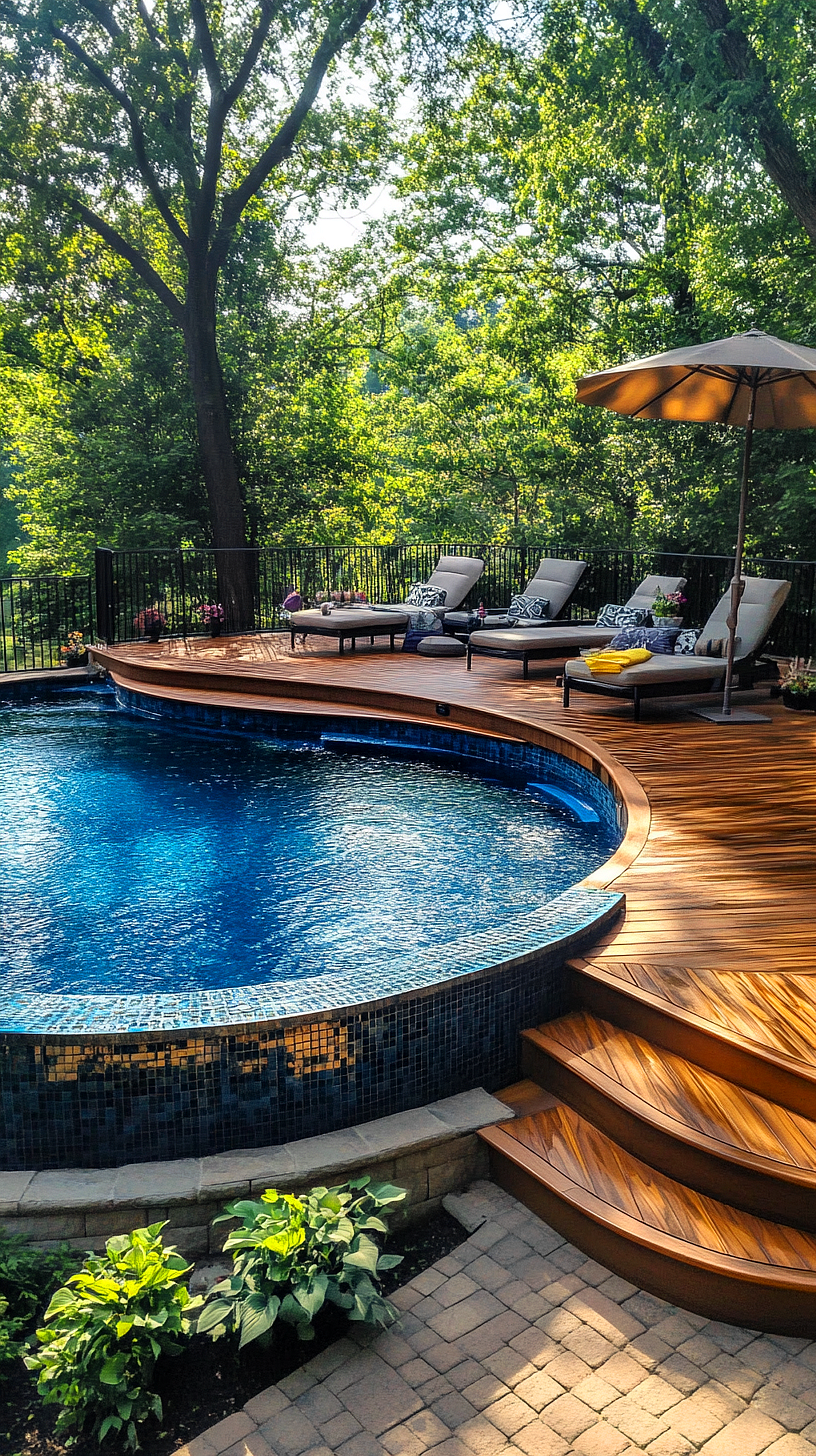 20+ Trendy Above Ground Pool Ideas You Need to Try 2025 11 Luxurious outdoor oasis featuring a circular swimming pool surrounded by wooden deck chairs under an umbrella, with lush trees in the background creating a serene, natural atmosphere.