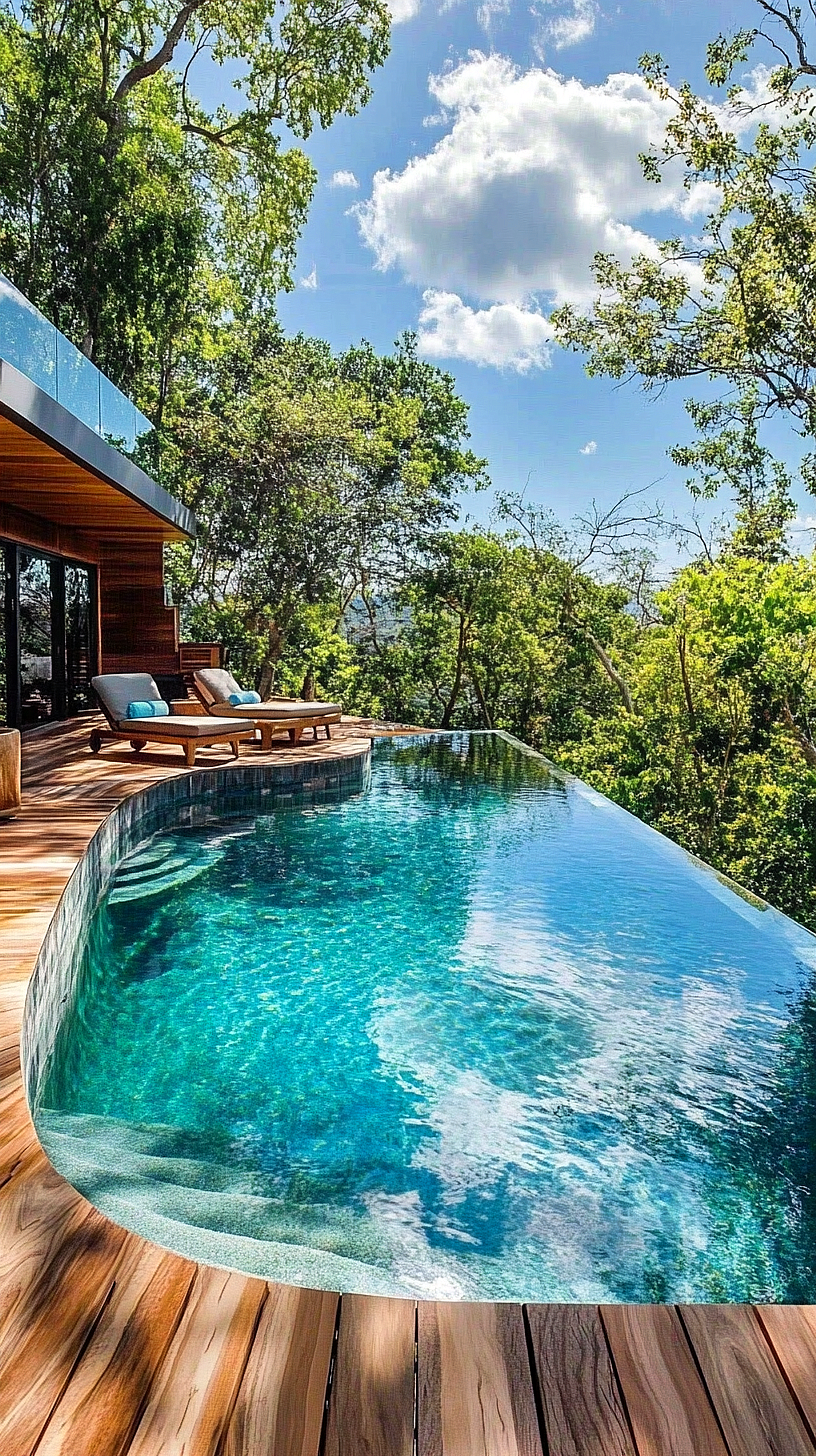 20+ Trendy Above Ground Pool Ideas You Need to Try 2025 3 An infinity pool with crystalline blue water set amidst a lush green forest, featuring comfortable cushioned lounge chairs and a rustic wooden deck.