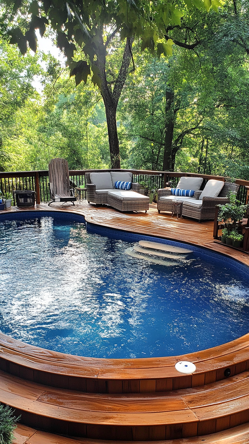 20+ Trendy Above Ground Pool Ideas You Need to Try 2025 10 A secluded round pool surrounded by a wooden deck, nestled amidst lush greenery, creating a serene and private ambiance ideal for relaxation.