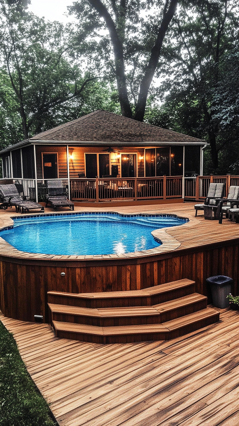 20+ Trendy Above Ground Pool Ideas You Need to Try 2025 13 A rustic yet elegant swimming pool surrounded by a wooden deck and serene trees, with a house featuring a covered porch, combining nature, comfort, and style.
