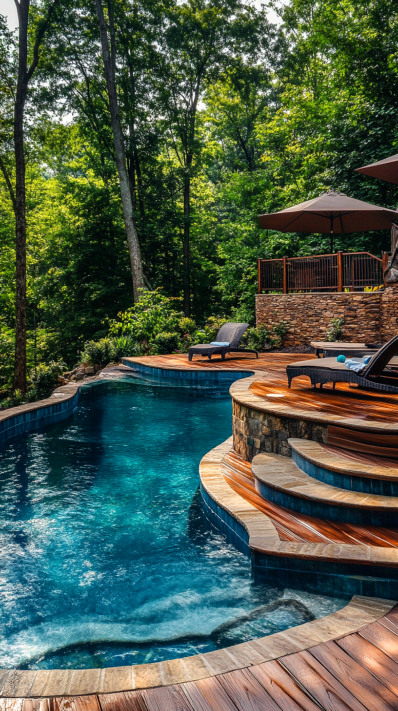 20+ Trendy Above Ground Pool Ideas You Need to Try 2025 9 A secluded pool surrounded by lush greenery and tall trees. A wooden deck with lounge chairs and umbrellas is situated by the pool. A stone staircase leads up to an elevated patio, adding a unique touch to the setting.