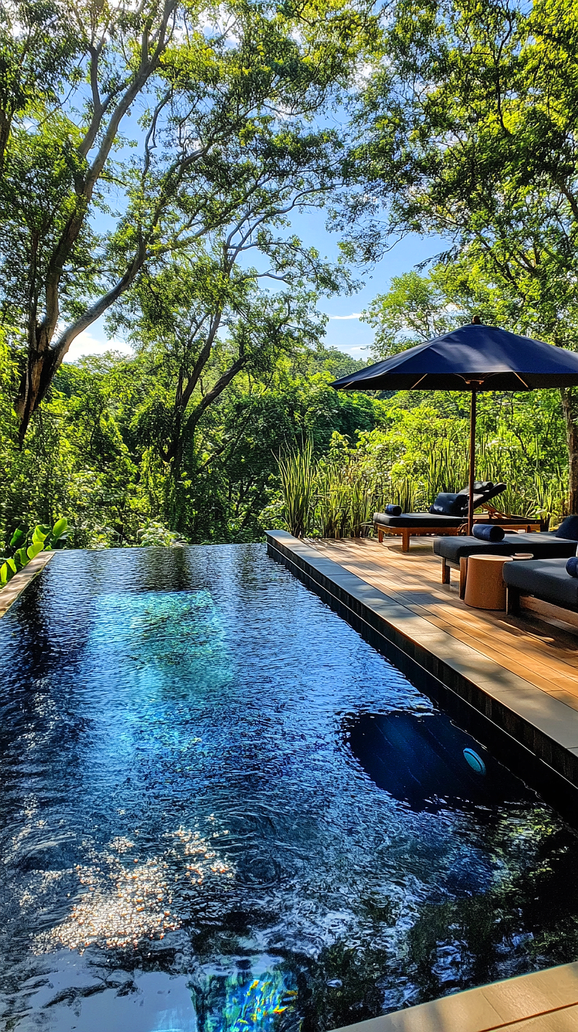 20+ Trendy Above Ground Pool Ideas You Need to Try 2025 12 A luxurious outdoor setting featuring an infinity pool surrounded by lush greenery, sun loungers under an umbrella, and sunlight filtering through the trees, creating a tranquil and exotic ambiance.