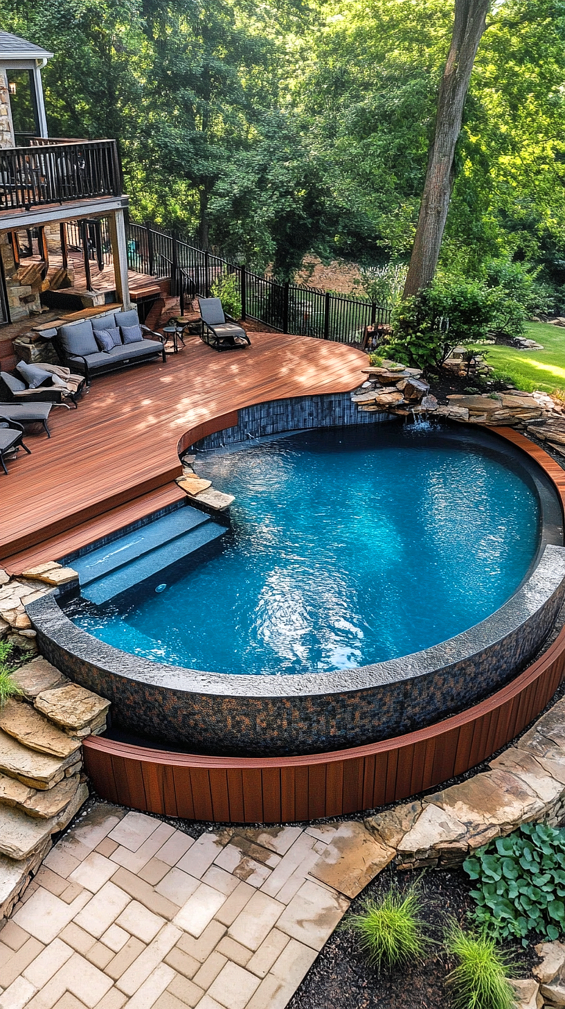 20+ Trendy Above Ground Pool Ideas You Need to Try 2025 27 Alt-Text: An idyllic outdoor setting featuring a circular pool surrounded by a rustic stone border, a raised wooden deck with outdoor furniture, enveloped in lush greenery. A wooden fence and trees provide privacy and enhance the aesthetic appeal.