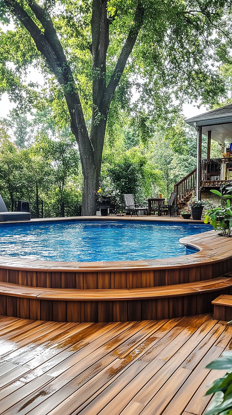 20+ Trendy Above Ground Pool Ideas You Need to Try 2025 26 An above-ground pool with a rustic wooden deck and staircase, surrounded by greenery, a single tree, and outdoor furniture in a serene backyard setting, resembling a personal oasis.