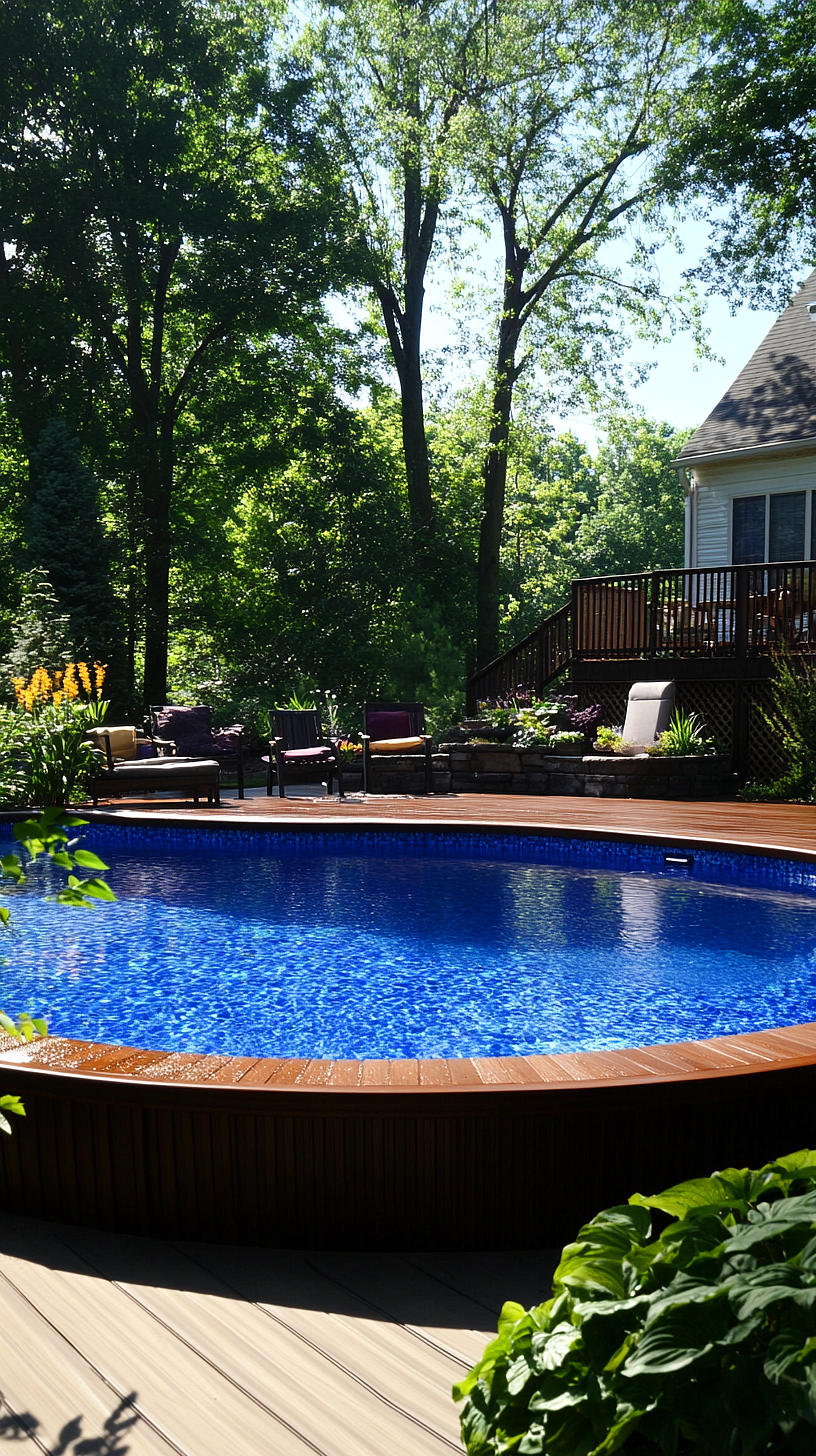 20+ Trendy Above Ground Pool Ideas You Need to Try 2025 6 A beautiful backyard featuring an above-ground pool with a wooden deck, surrounded by a lush landscape of various plants and flowers. Large trees provide shade, adding a sense of serenity, while a house and wooden fence are visible in the background.