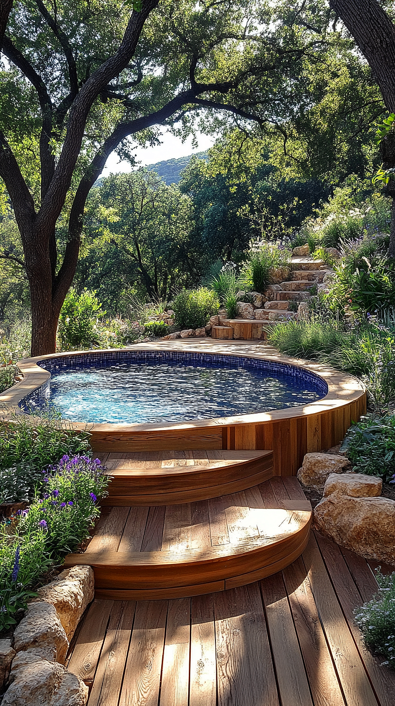 20+ Trendy Above Ground Pool Ideas You Need to Try 2025 25 A serene setting featuring a circular pool surrounded by a wooden deck and lush greenery. Stone steps lead up a nearby hill, inviting exploration. Tall trees provide shade, contributing to the atmosphere of a personal oasis.