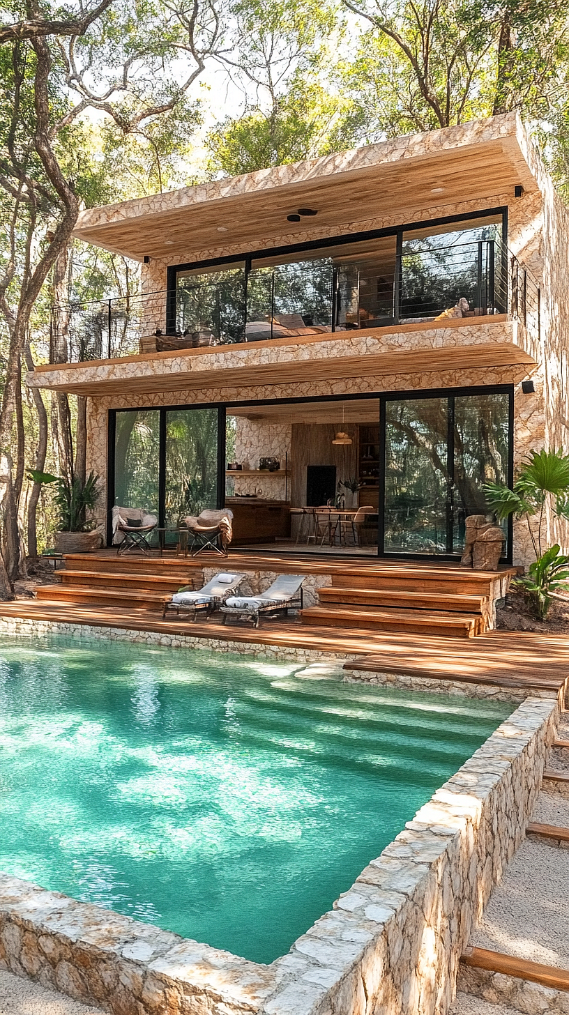 20+ Trendy Above Ground Pool Ideas You Need to Try 2025 23 Modern two-story house with large glass windows, minimalist design, and natural stone finish blending with the surrounding trees. A pool with turquoise water is adjacent to a wooden deck with lounge chairs. The house balances modern architecture with natural beauty.