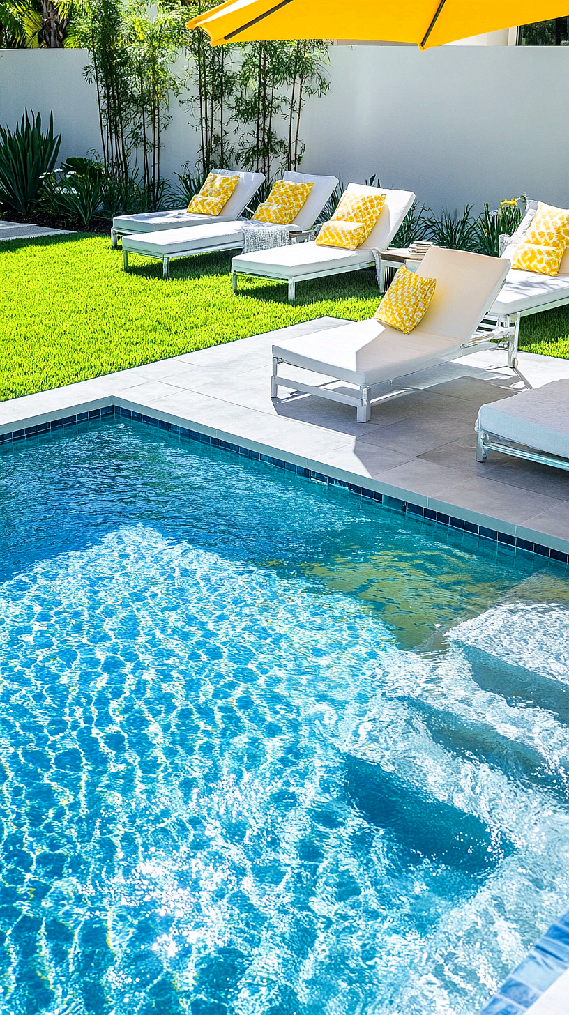 20+ Trendy Above Ground Pool Ideas You Need to Try 2025 21 A stylish outdoor swimming pool area, featuring white lounge chairs adorned with yellow patterned cushions, a sun-shielding umbrella, and a well-kept green lawn surrounded by tall, strategically placed plants.