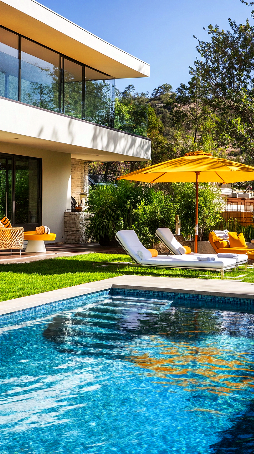 20+ Trendy Above Ground Pool Ideas You Need to Try 2025 22 Modern outdoor space featuring a clean, blue swimming pool, lounge chairs with white cushions under a large yellow umbrella, a contemporary glass house exterior, and surrounding greenery including a neat lawn and various plants, creating a serene and relaxing atmosphere.