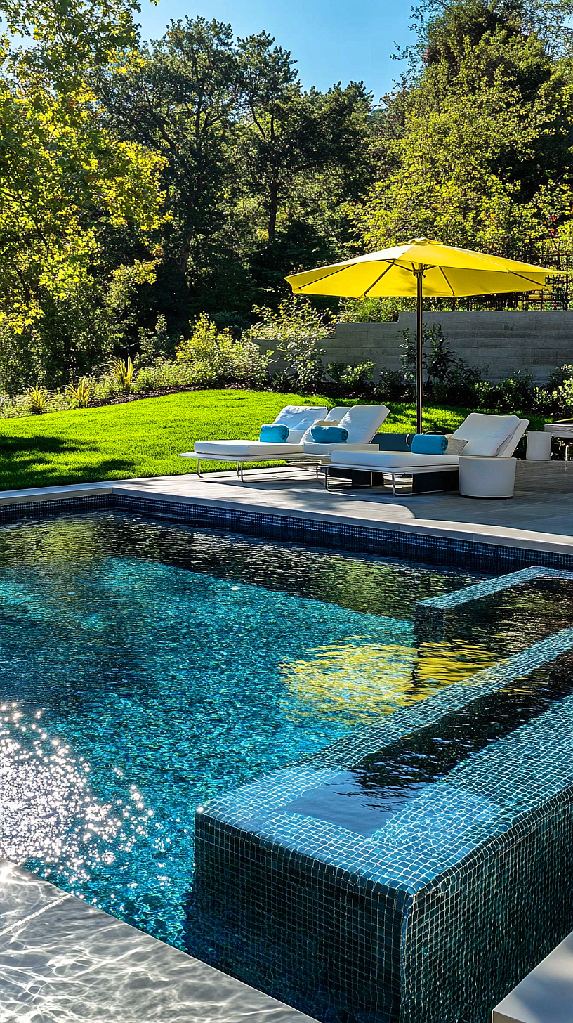 20+ Trendy Above Ground Pool Ideas You Need to Try 2025 4 A serene backyard featuring a crystal clear swimming pool, blue cushioned lounge chairs under a large yellow umbrella, surrounded by lush greenery and a well-kept lawn, giving an impression of a personal oasis.