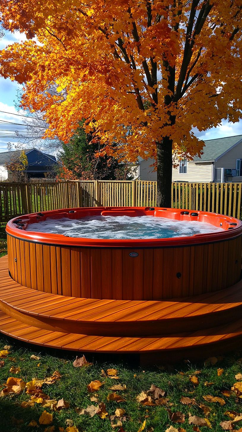 20+ Trendy Above Ground Pool Ideas You Need to Try 2025 2 A hot tub integrated into a wooden deck, surrounded by vibrant autumn foliage, symbolizing a personal backyard retreat for relaxation during cool months.