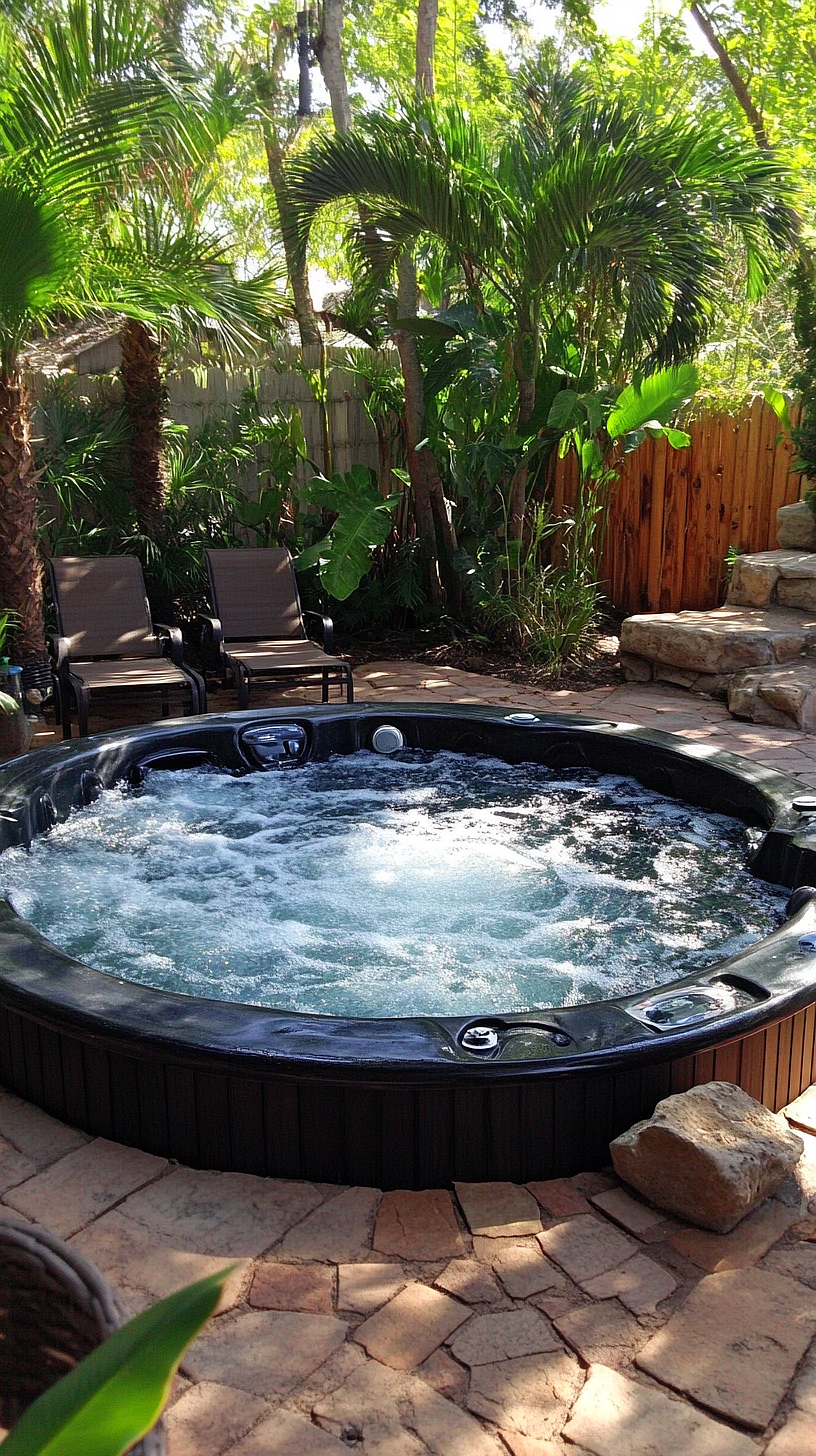 20+ Trendy Above Ground Pool Ideas You Need to Try 2025 5 A backyard featuring a bubbling hot tub surrounded by lush tropical plants, with stone tiles and steps adding a rustic touch. The design evokes a personal oasis, creating a peaceful and serene ambiance.
