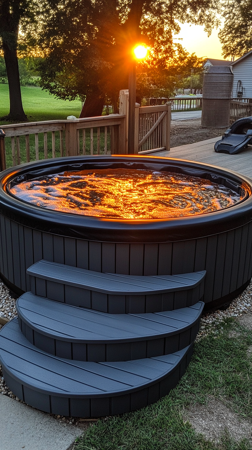 20+ Trendy Above Ground Pool Ideas You Need to Try 2025 8 Round hot tub with bubbles on a wooden deck with steps, surrounded by trees with a beautiful sunset in the background.