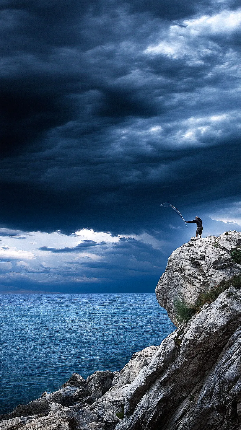 30+ Fisherman Aesthetic Wallpaper Ideas You Can't Get Around on Internet Right Now 23 Alt-Text: A figure stands boldly against an impending storm, holding a fishing rod. The calm water contrasts starkly with the stormy sky, capturing a dramatic moment right before the storm breaks. The image embodies the awe-inspiring beauty and drama of nature.