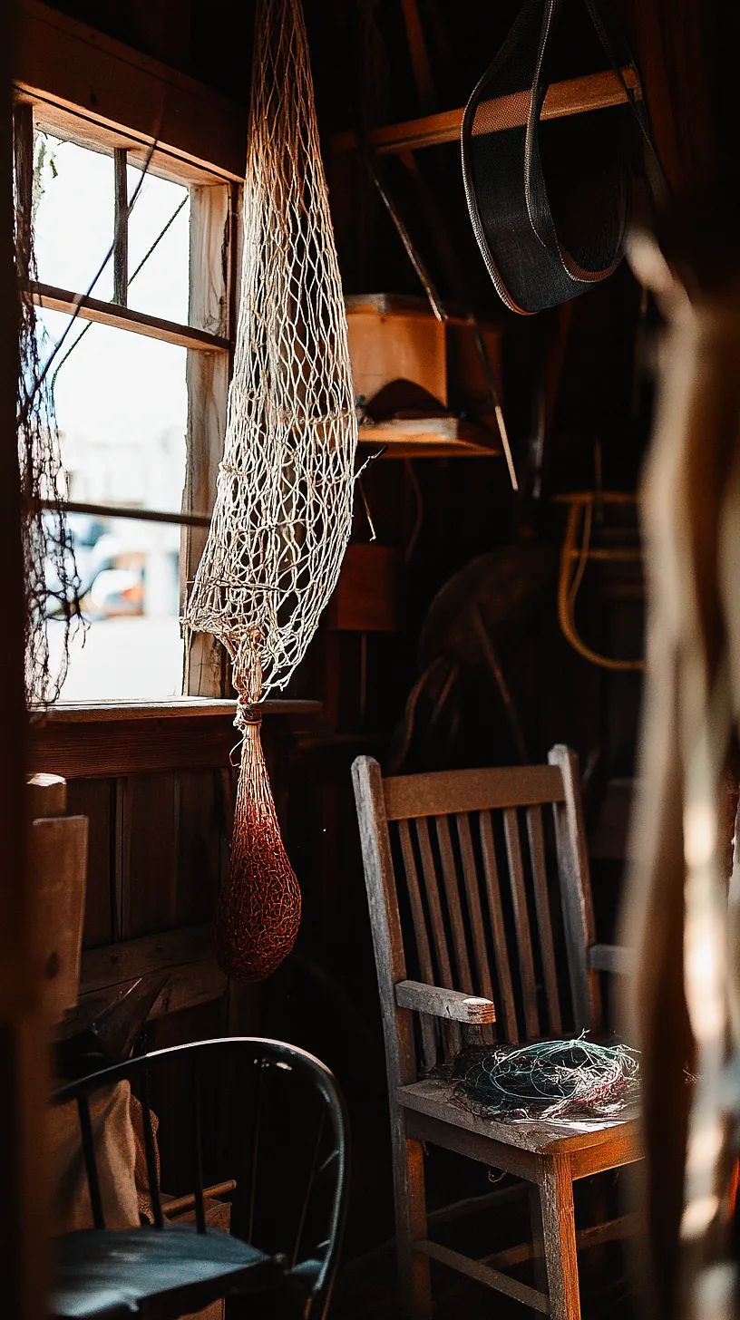 30+ Fisherman Aesthetic Wallpaper Ideas You Can't Get Around on Internet Right Now 27 Rustic room with a nostalgic feel, featuring a wooden chair adorned with coiled net and ropes, giving the impression of an old fishermans cabin.