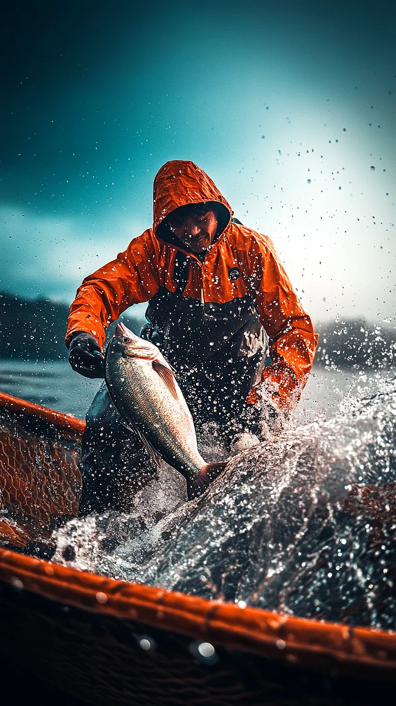 30+ Fisherman Aesthetic Wallpaper Ideas You Can't Get Around on Internet Right Now 18 A person in a vibrant orange rain jacket dramatically pulling a large fish from splashing water, capturing the excitement and challenge of fishing and embodying the adventurous spirit of nature lovers.
