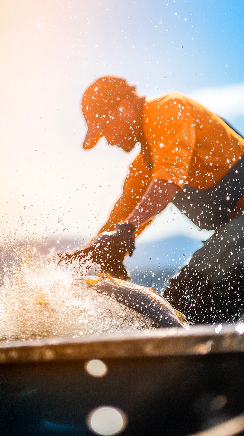 30+ Fisherman Aesthetic Wallpaper Ideas You Can't Get Around on Internet Right Now 30 A person clad in orange clothing reaching into shimmering water, with sunlight reflecting off the water droplets, creating a dynamic effect. The image evokes a sense of mystery as it is unclear what the person might be grabbing, leaving room for interpretation.