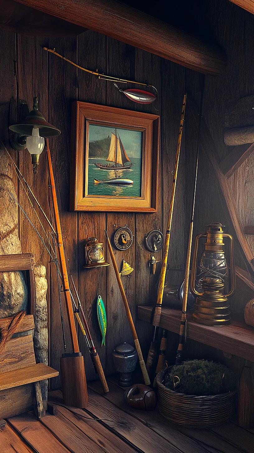 40+ Fisherman Aesthetic Accessories You'll Love 20 Rustic corner setup with fishing equipment including rods leaning against a wooden wall, a lantern on a shelf, and various fishing lures. A large lure is prominently displayed on the wall, and a framed sailboat painting ties the nautical theme together. The space combines functionality with a personal passion for fishing and has a tranquil, simple appeal.