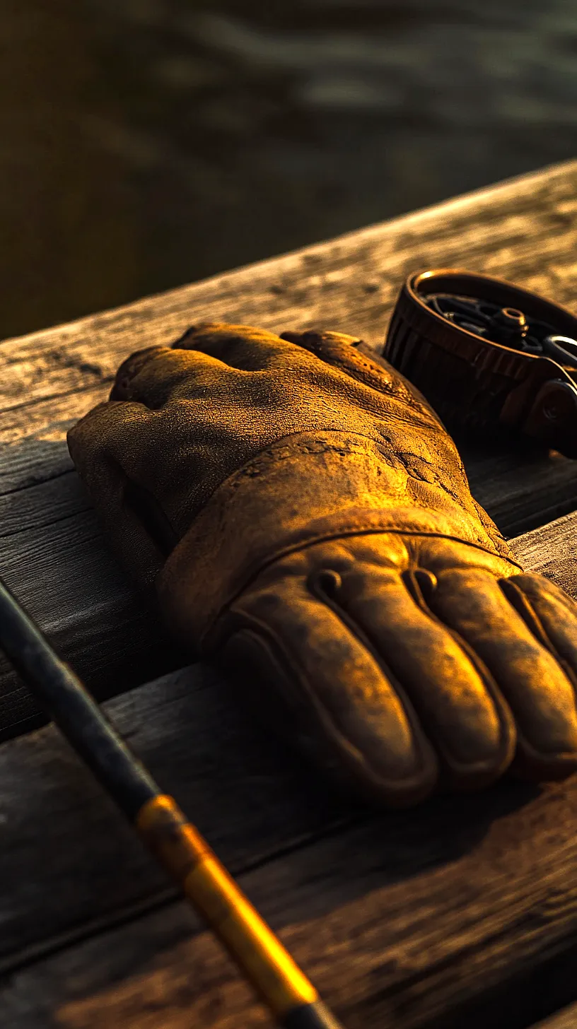 40+ Fisherman Aesthetic Accessories You'll Love 43 Image of a leather glove and a fishing reel placed on a wooden surface, bathed in the warm light of sunrise or sunset, symbolizing the anticipation of a fishing adventure.
