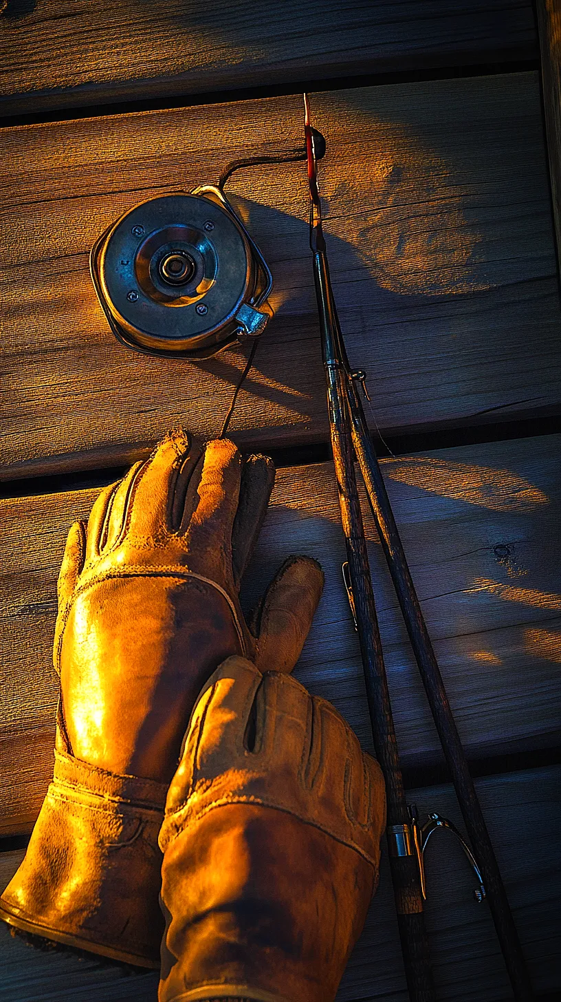 40+ Fisherman Aesthetic Accessories You'll Love 44 An image displaying a rustic outdoor setting with leather gloves, a fishing reel, and rods on a wooden surface, symbolizing a sense of adventure and tranquility, enhanced by warm shadows.