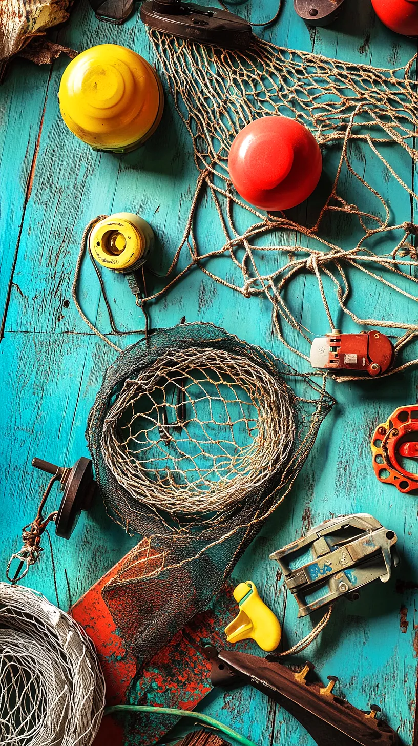 40+ Fisherman Aesthetic Accessories You'll Love 8 Vibrantly colored fishing gear and marine equipment arranged on a cool blue wooden surface, with standout yellow and red items providing a visually appealing contrast. The image offers a unique insight into the world of fishing.