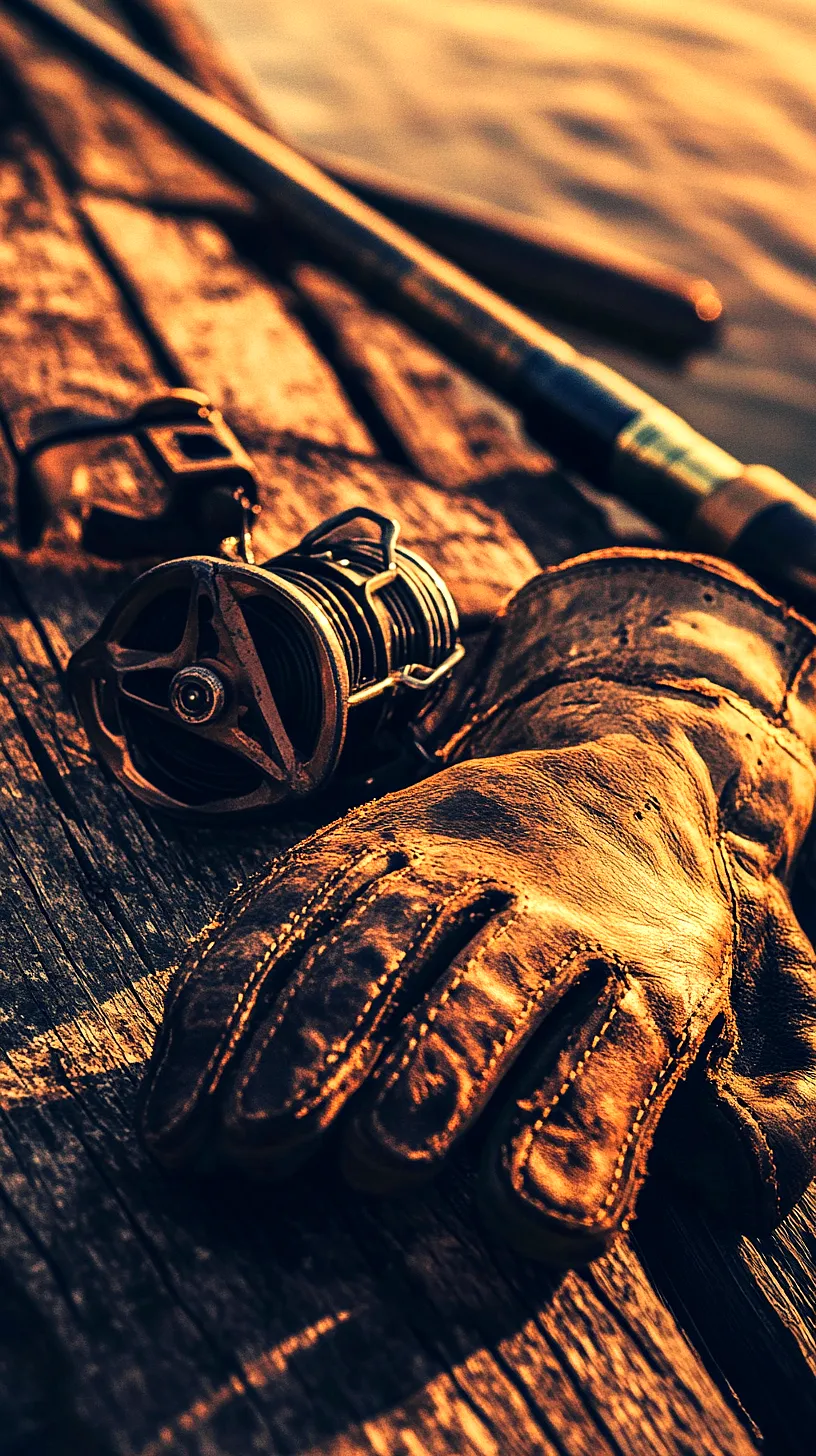 40+ Fisherman Aesthetic Accessories You'll Love 45 Alt-Text: A leather glove, fishing reel, and a portion of a fishing rod lay on a wooden surface, bathed in warm, sunset-like lighting, suggesting a peaceful fishing adventure by the water.