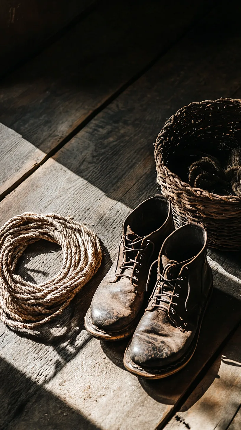 40+ Fisherman Aesthetic Accessories You'll Love 28 An image of a coiled rope, worn boots, and a wicker basket filled with a dark material, all placed on a rustic wooden floor, conveying a sense of adventure and mystery.