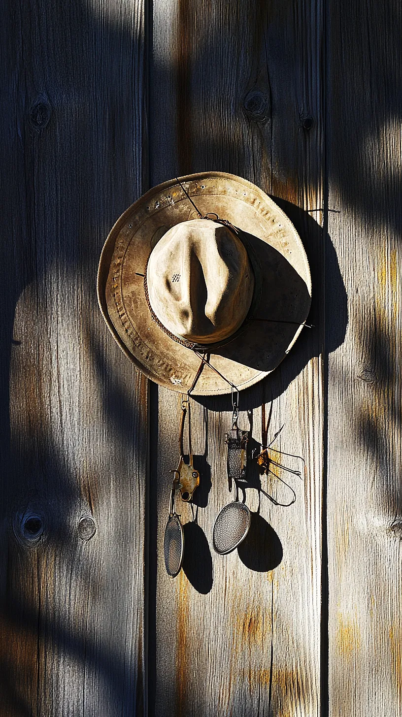 40+ Fisherman Aesthetic Accessories You'll Love 10 Alt-Text: A vintage-inspired image displaying an old hat and a collection of rustic metal objects, including a sifter, hung on a wood grain wall with shadows casting a nostalgic ambiance, illustrating a sense of simplicity and charm.