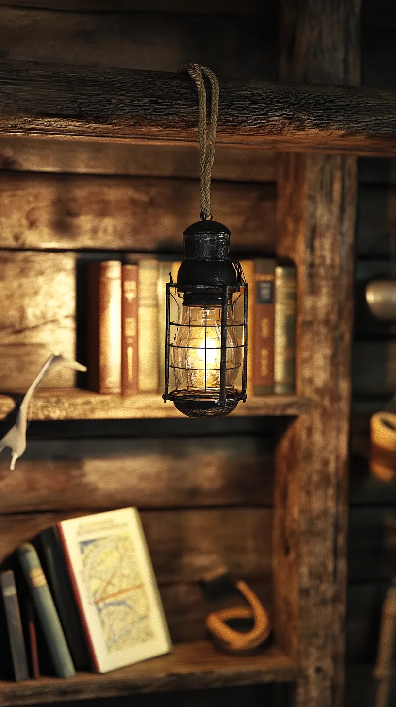 40+ Fisherman Aesthetic Accessories You'll Love 42 Rustic interior design featuring a warm glowing lantern suspended over an open book, with a vintage wooden shelf filled with neatly arranged books, creating a cozy and inviting atmosphere that evokes timeless charm and a love for reading.