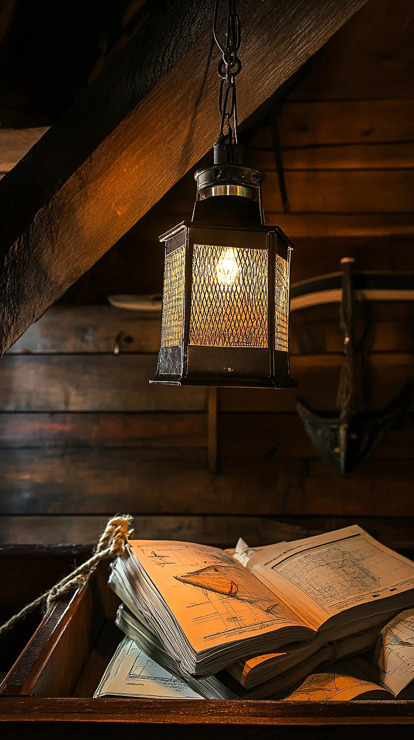 40+ Fisherman Aesthetic Accessories You'll Love 41 Image of a vintage sea captains cabin featuring a hanging lantern casting a soft light on an open book of nautical charts. An anchor in the background reinforces the maritime theme, creating a sense of adventure. The setup evokes a rustic, historical vibe and a strong sense of sea exploration.