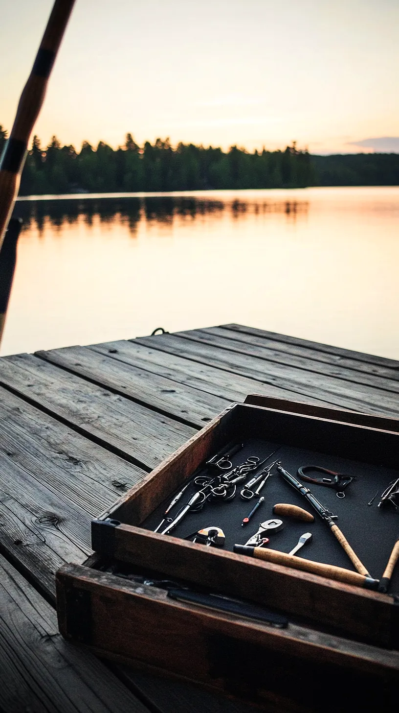 40+ Fisherman Aesthetic Accessories You'll Love 16 Image of a tranquil lake during sunrise or sunset with a wooden dock extending into the water. A box of fishing tools and an oar resting against the dock are visible. The scene depicts a serene, inviting atmosphere with a mix of warm and cool colors, blending nature and the excitement of fishing.