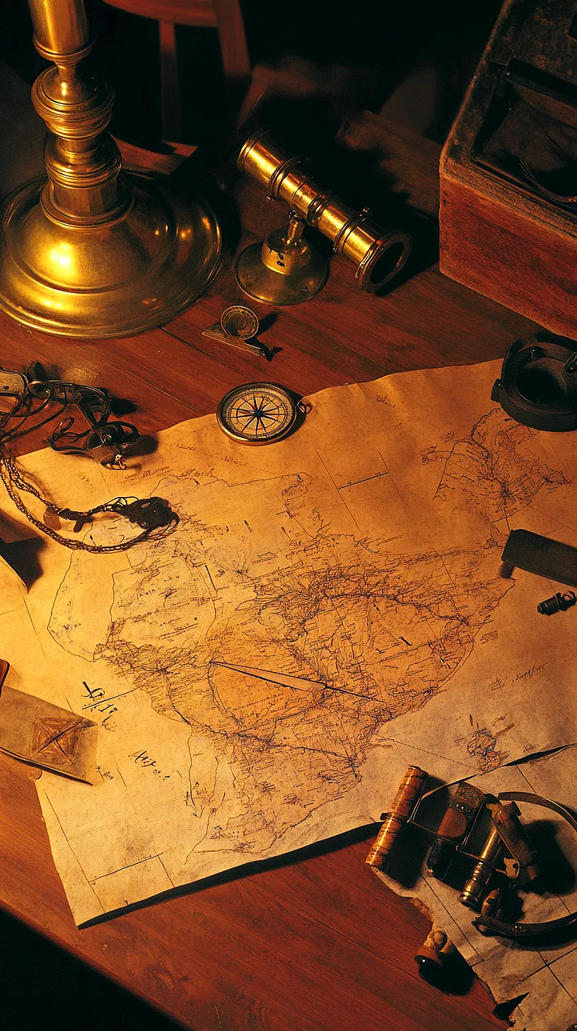 40+ Fisherman Aesthetic Accessories You'll Love 38 Vintage map design with an exploration theme, featuring antique objects such as a brass telescope and compass. Additional details include a chain with a medallion and a brass lamp, adding to the historical authenticity of the image.
