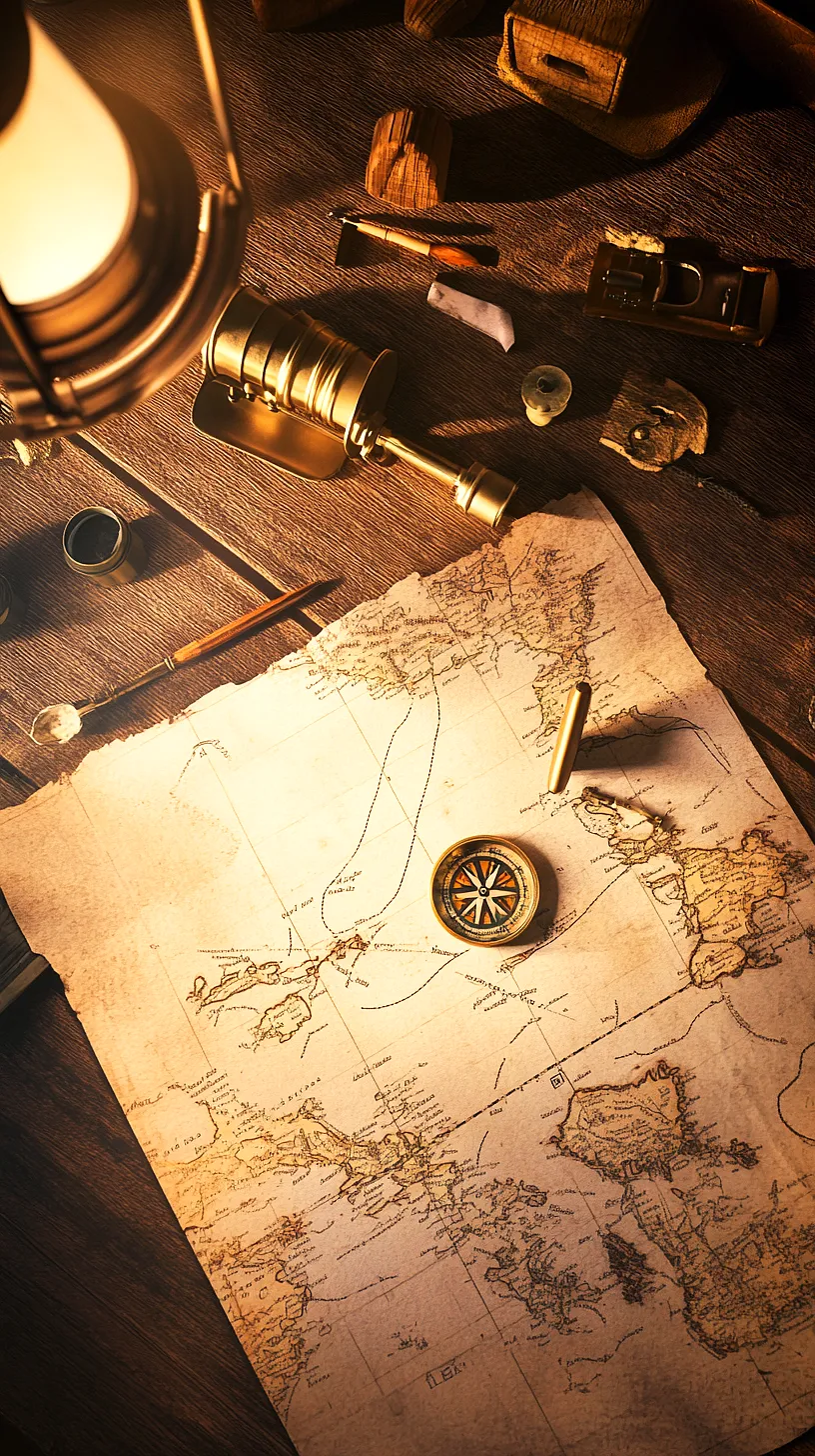40+ Fisherman Aesthetic Accessories You'll Love 36 Vintage exploration design featuring an old map with a compass, surrounded by tools such as a telescope and a magnifying glass, and illuminated by the warm glow of an oil lantern, evoking a sense of historical adventure and discovery.