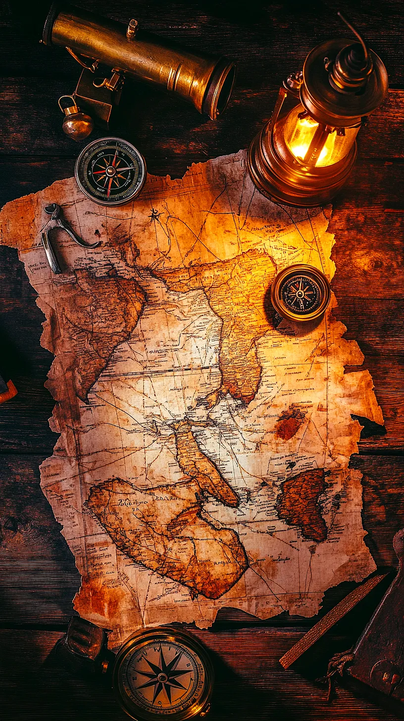 40+ Fisherman Aesthetic Accessories You'll Love 37 Vintage-themed image showcasing an old map, compass, telescope, lantern, and sextant arranged together under warm lighting, evoking a sense of exploration and adventure.