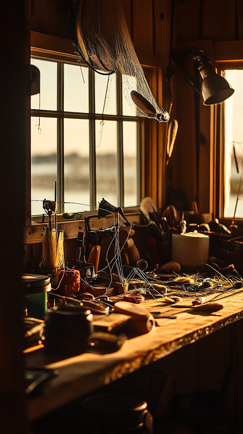 40+ Fisherman Aesthetic Accessories You'll Love 33 A cozy, rustic workspace lit by warm lighting featuring various tools and spools of thread on a workbench, a fishing net and a desk lamp in the background, creating an inviting atmosphere for creativity and productivity.