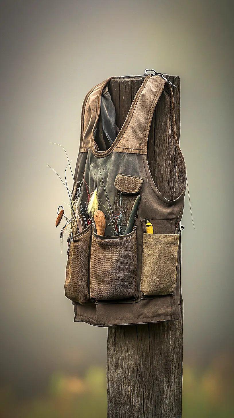 40+ Fisherman Aesthetic Accessories You'll Love 30 Image of a well-equipped fishing vest with multiple pockets containing various fishing tools and accessories, including lures and hooks. The vest demonstrates a combination of rugged aesthetics and practical design, essential for a smooth and enjoyable fishing experience.