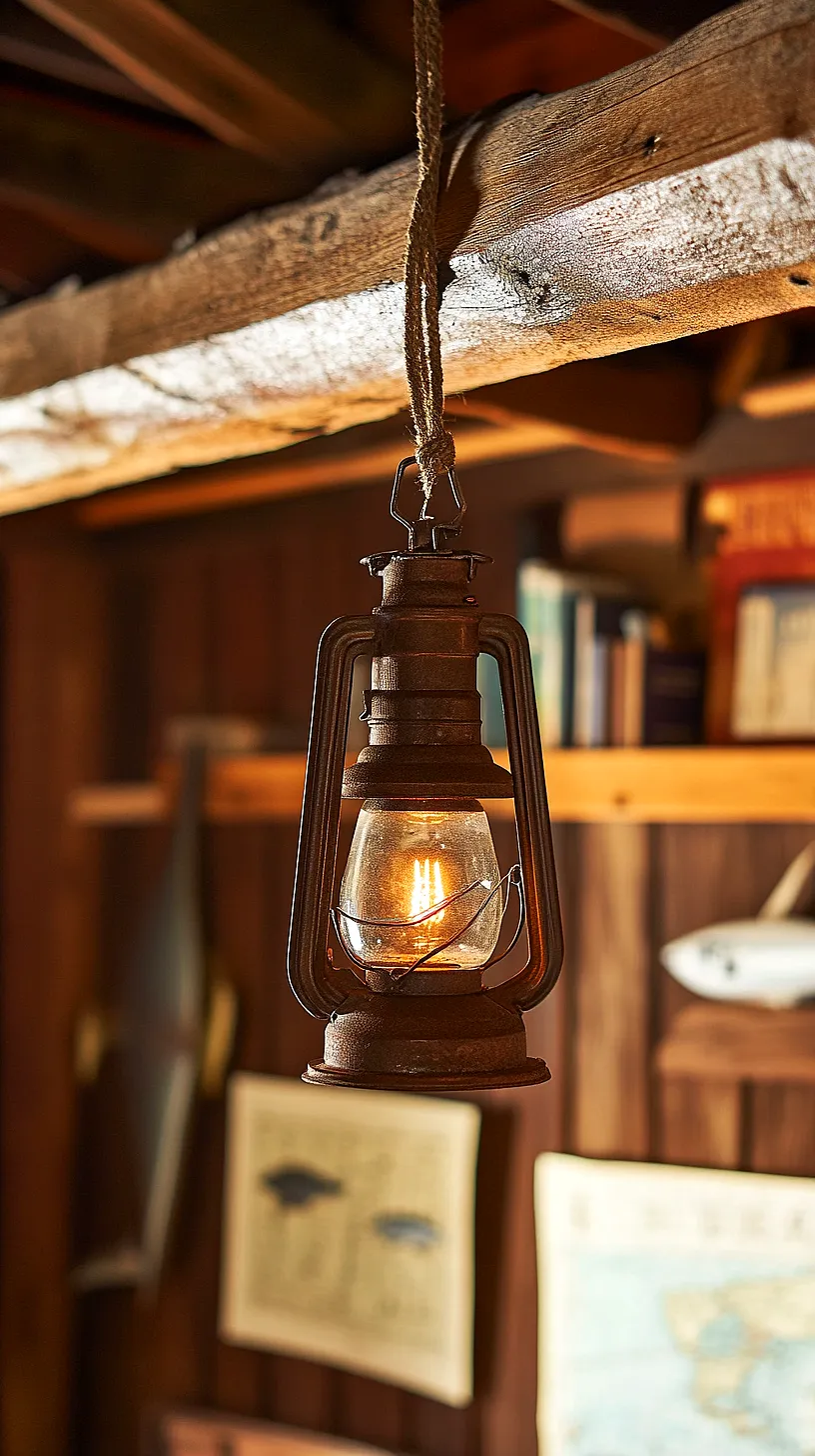40+ Fisherman Aesthetic Accessories You'll Love 40 A vintage-style lantern hanging from a wooden beam, casting a warm glow onto a backdrop of books and wall decorations, creating a cozy, rustic atmosphere.