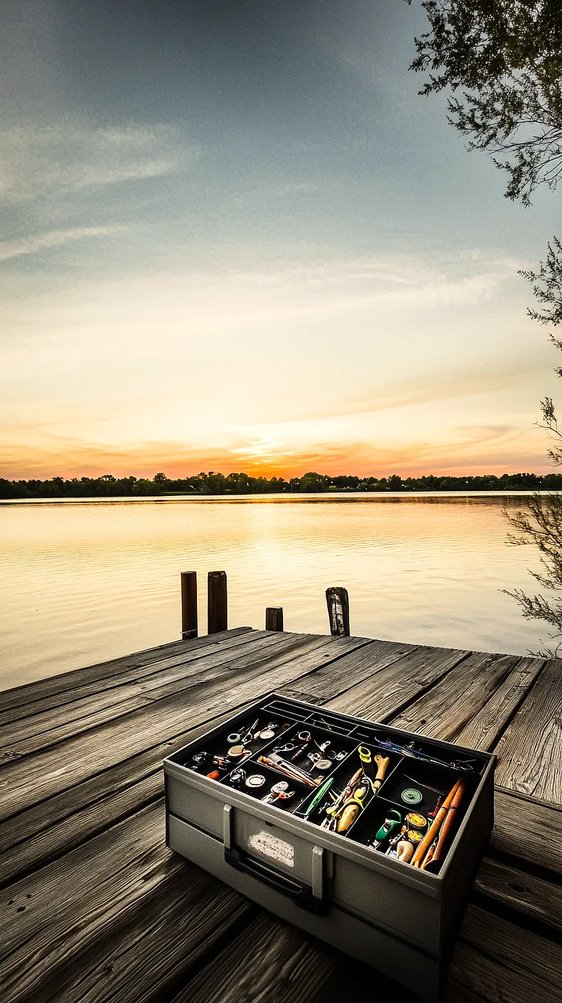 40+ Fisherman Aesthetic Accessories You'll Love 15 Alt-Text: An overflowing tackle box full of fishing gear on a wooden dock, with a serene lake in the background reflecting the warm hues of the setting sun. The image conveys a sense of tranquility and appeals to fishing enthusiasts.