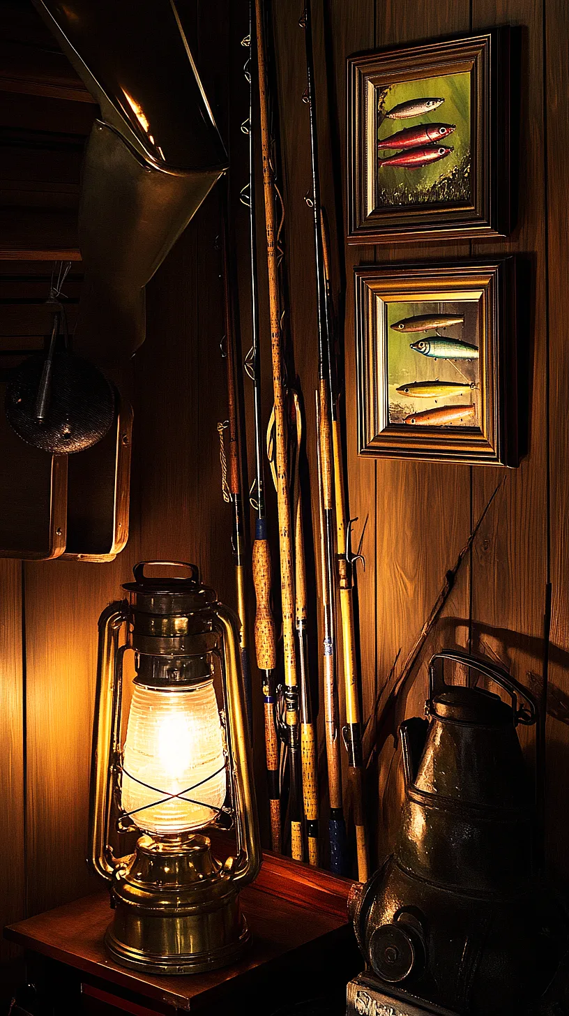 40+ Fisherman Aesthetic Accessories You'll Love 19 Vintage-style oil lamp casting a warm glow in a rustic interior with wooden fishing rods leaned against the wall, pictures of fishing lures, and metal containers possibly for oil or fishing bait. A mysterious brass wall-mounted object adds intrigue to the setting, creating a nostalgic and cozy atmosphere that could be a vintage workspace or cabin.