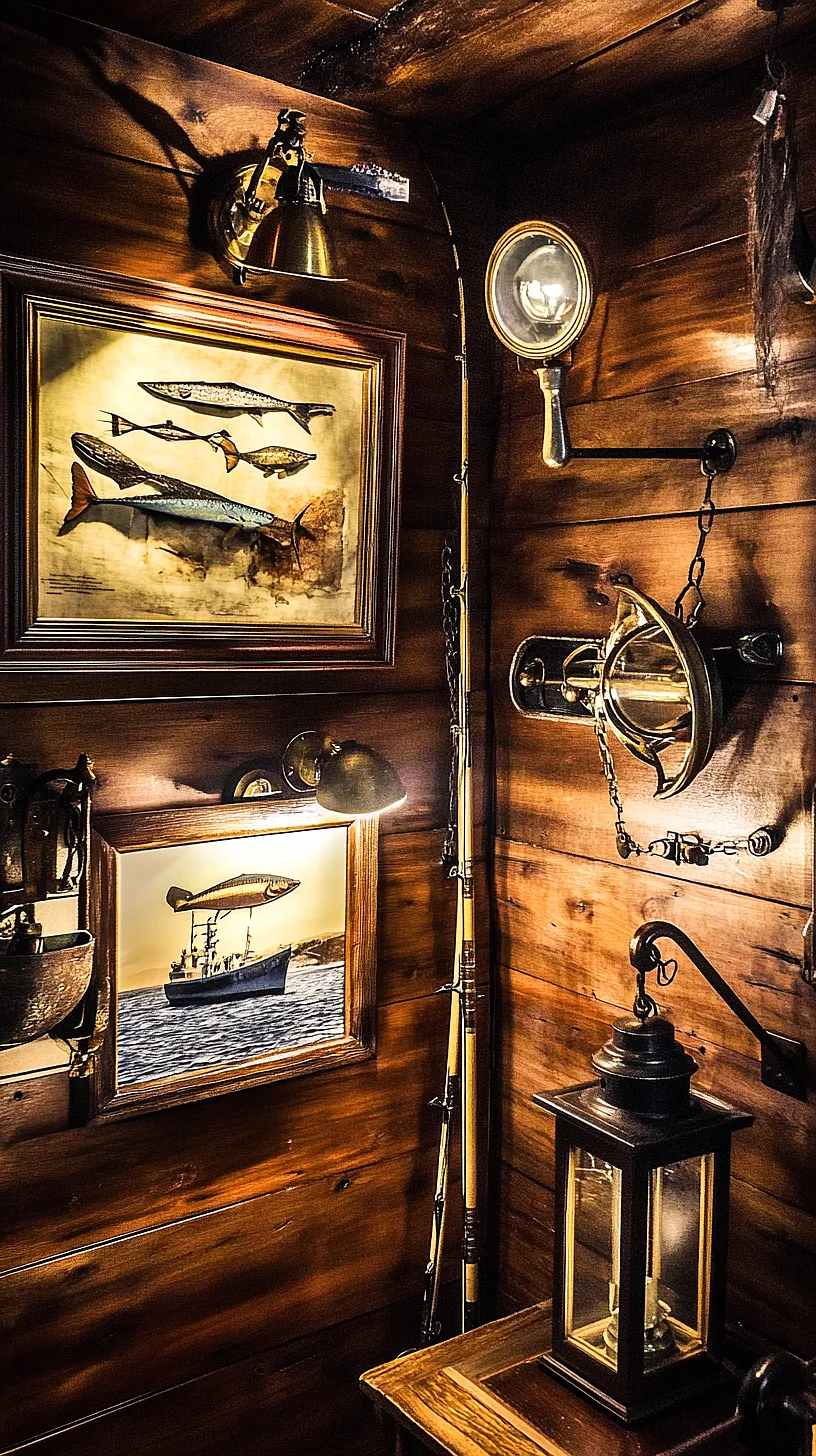 40+ Fisherman Aesthetic Accessories You'll Love 18 Nautically themed room featuring framed pictures of fish species and a ship at sea, a brass bell, vintage lantern, and fishing rod, creating a warm, maritime ambiance suggestive of a cozy sea-side retreat.
