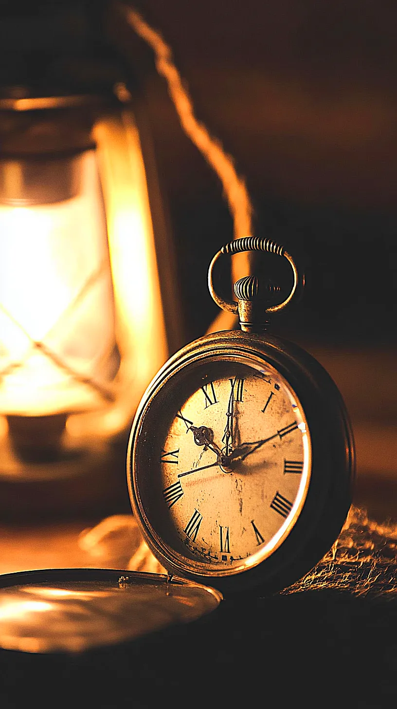 40+ Fisherman Aesthetic Accessories You'll Love 21 Antique pocket watch with Roman numerals, illuminated by a warm lantern glow, placed on an undefined textured surface, embodying vintage charm and ageless elegance.